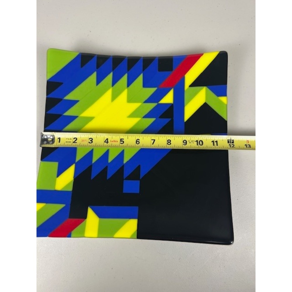 Handcrafted Fused Glass Square Console Abstract Geometric Black Blue Yellow 12in - Picture 4 of 10